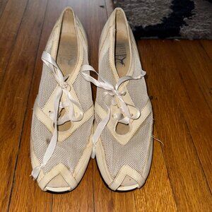 Aris Allen – Off-white Mesh Lace-Up Peep-Toe Leather Dance Heels (Size 8)